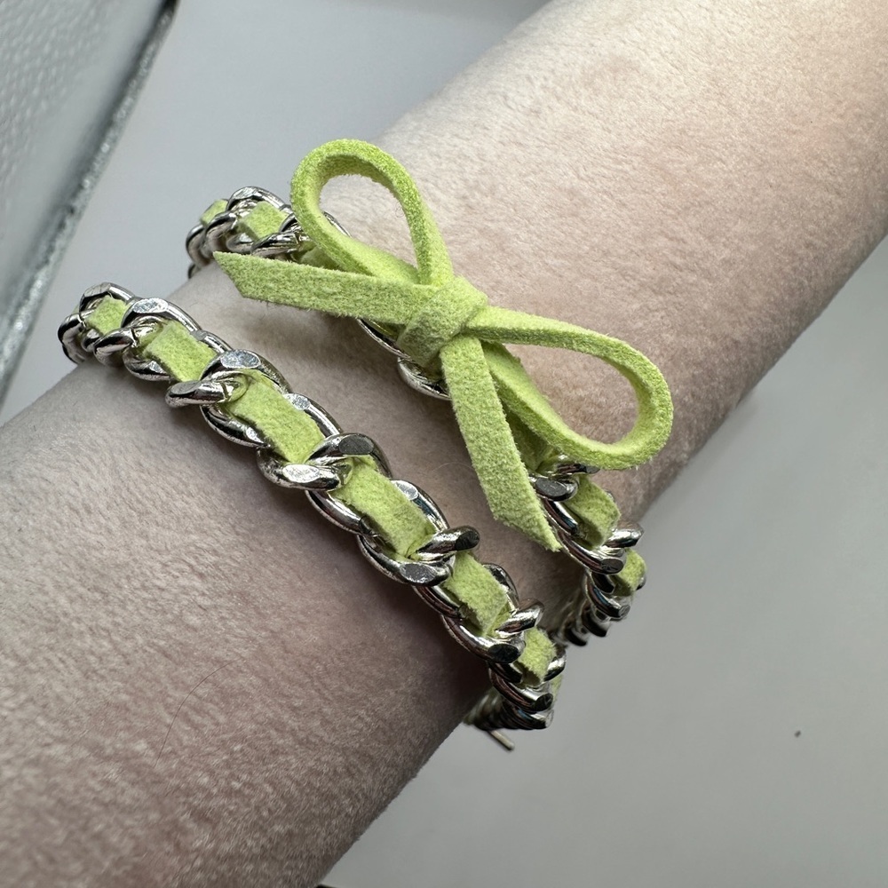 Lime Green Suede Bow and Wrap Bracelet Set‎ in Silver